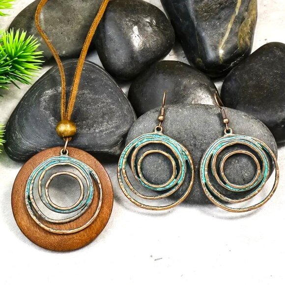 Necklace Earrings 3pc Set Spiral Wood Boho Copper Swirl Unique Stylish Trendy - Picture 2 of 4
